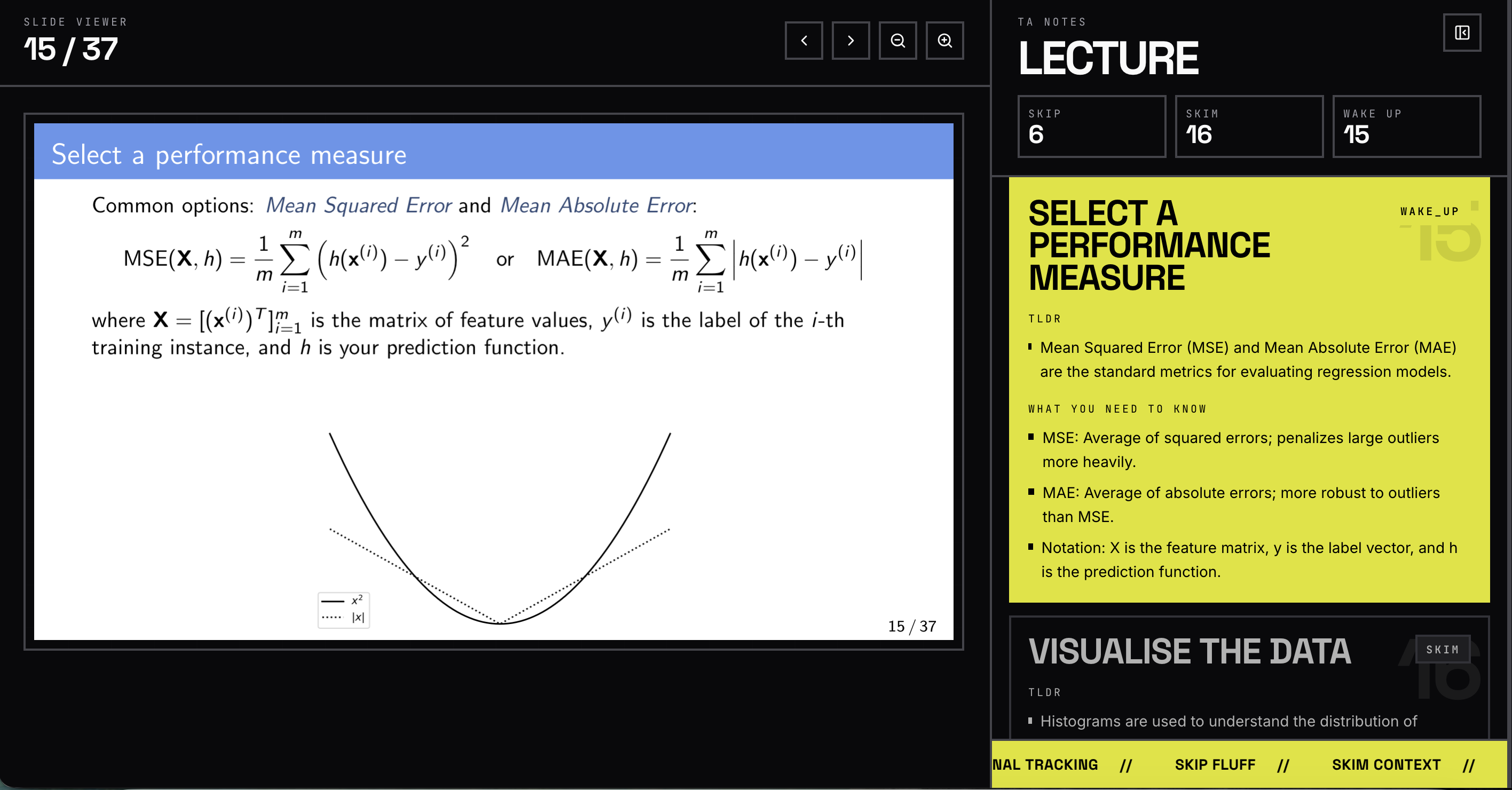 SkipLecture full application view with slide viewer and notes panel.