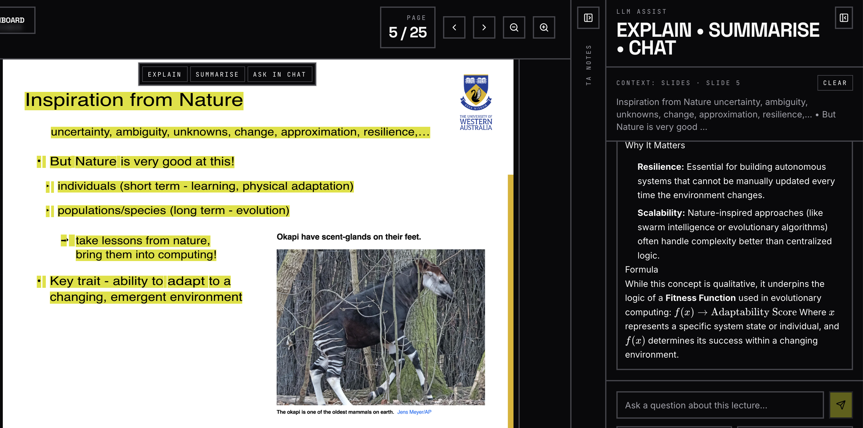 SkipLecture LLM assist panel with explain, summarise, and chat actions.