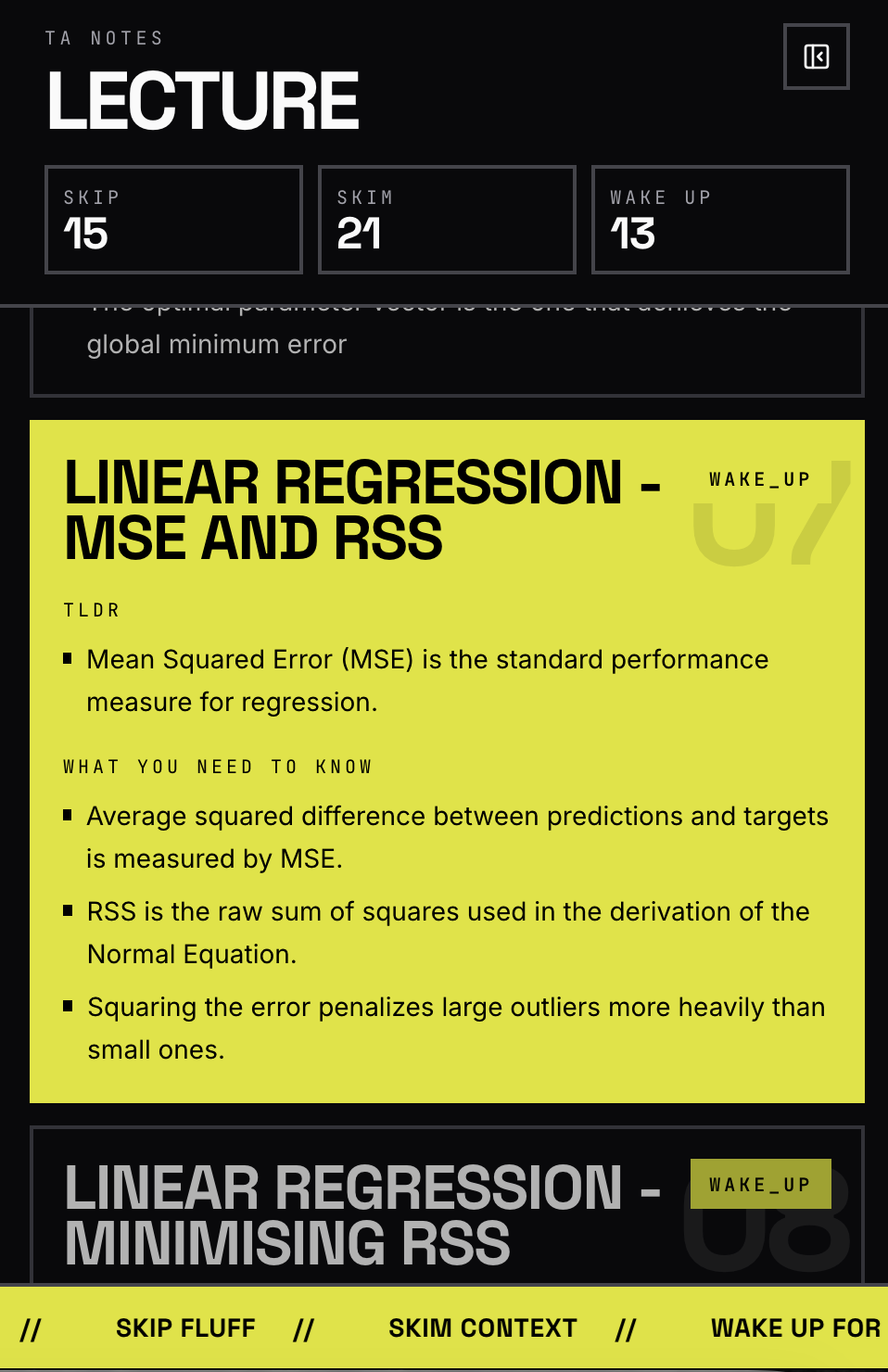 SkipLecture notes panel showing skip, skim, and wake-up counts.